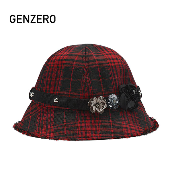 GENZERO Red checkered beaded fisherman's hat
