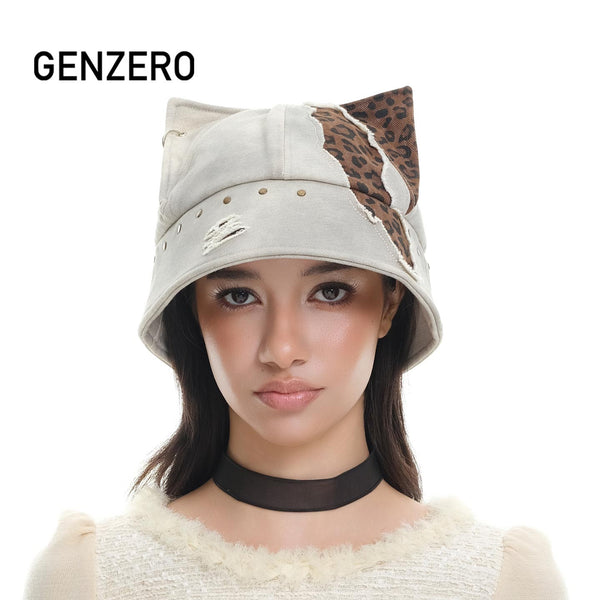 GENZERO rivet stitching pierced leopard print cat ear fisherman hat