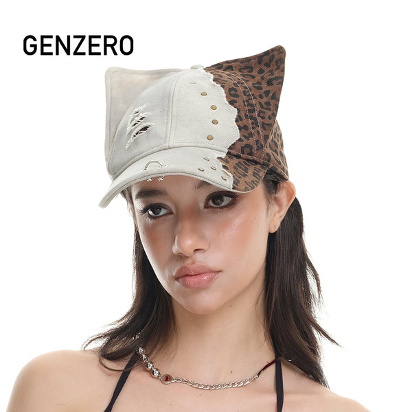 GENZERO rivet spliced perforated leopard print cat ear baseball cap