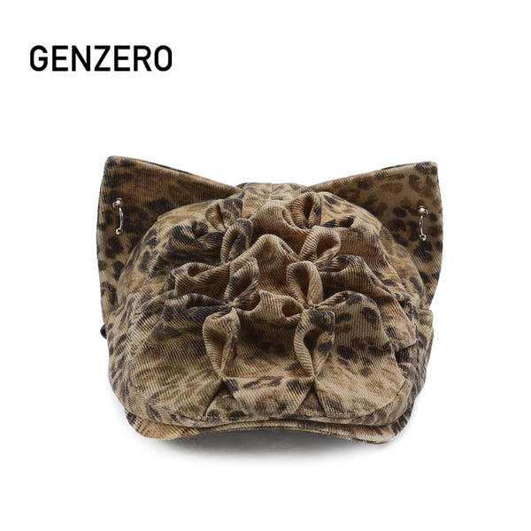 GENZERO Leopard print pleated pinched cat ear front hat