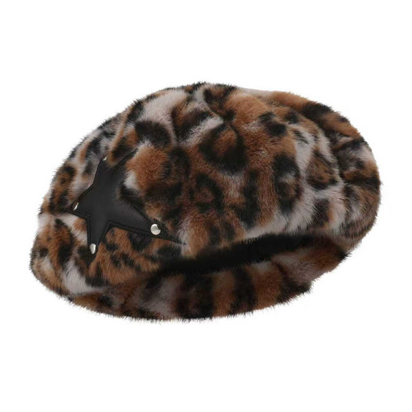 GENZERO Leopard-print plush five-pointed star beret